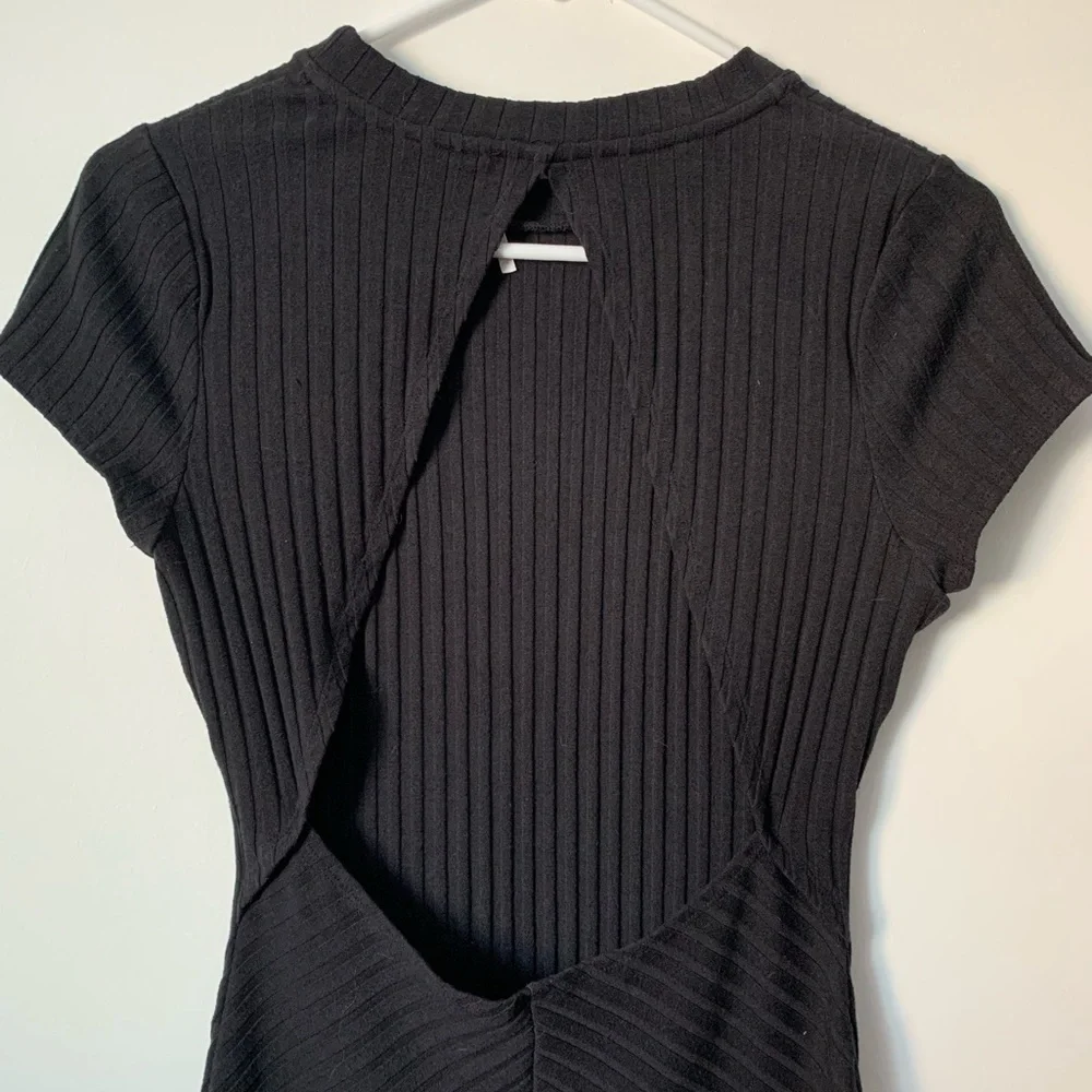 Free People Black Ribbed Bodycon Dress w/ Crew Neck, Cap Sleeves, & Cut Out Back